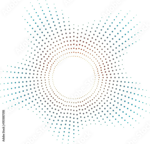 Abstract circular radial pattern of blue and brown dots, creating a sense of expansion and cosmic nebula, ideal for technology, science, or futuristic themes.