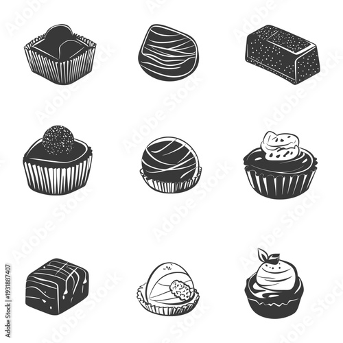 Collection of Black and White Hand-Drawn Chocolate Candies and Sweets
