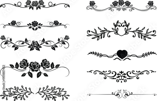 Flourishing decorative elements for retro design. Ornaments in the form of patterns, swirls, and flourishes. Vintage borders, frames, and patterns for invitations and certificates. A vector set.