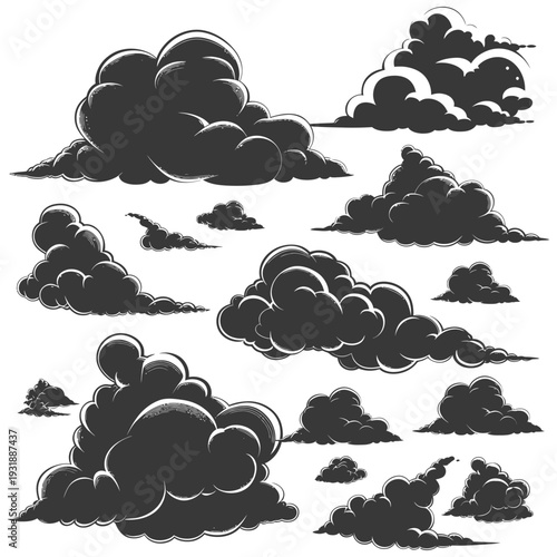 Collection of Black and White Hand-Drawn Clouds