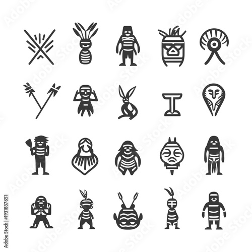 Collection of Black and White Primitive Tribal Human and Animal Icons
