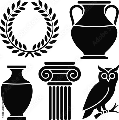 Ancient Greek symbols collection, laurel wreath amphora column owl icons, classical mythology set, black vector illustration isolated