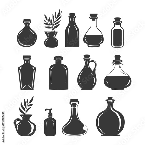 Collection of Black and White Silhouettes of Bottles and Vases
