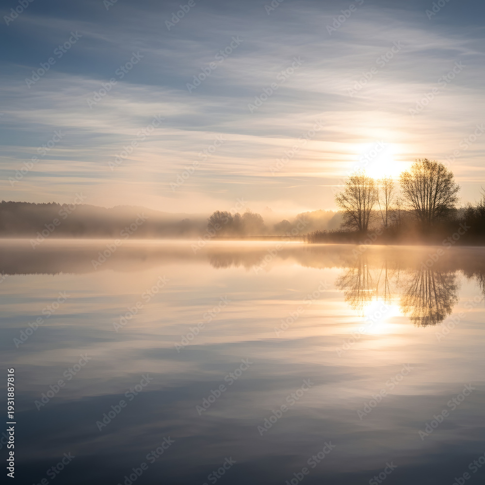 Obraz premium Serene Sunrise Reflection on a Misty Lake with Golden Hues