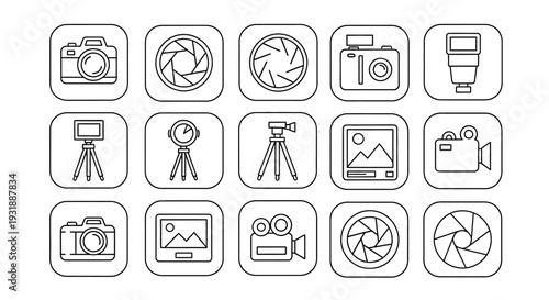 Photography Icons: Camera, Lens Aperture, Tripod, Flash, Video Camera