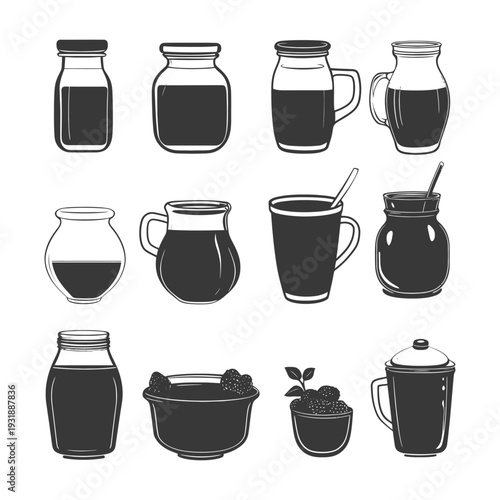 Collection of Black and White Silhouettes of Glassware for Beverages