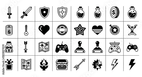 Pixel Art Game Icons: Sword, Shield, Potion, Heart, Joystick, Map, Chest