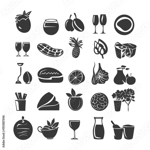 Collection of Black and White Silhouettes of Food and Drink Items