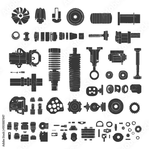 Collection of Black and White Silhouettes of Mechanical Parts
