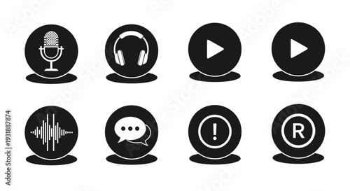Podcast Icons: Microphone, Headphones, Play Button, Sound Wave, Chat, Exclamation, R