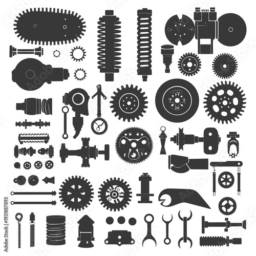 Collection of Black and White Silhouettes of Mechanical Parts