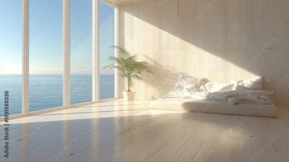 Fototapeta premium Modern sunlit bedroom with ocean view and decorative plant