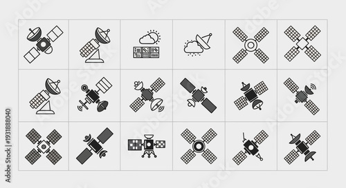 Satellite Icons: Space Exploration, Communication, Weather, and Technology Set