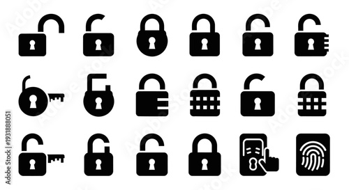 Security Icons: Padlocks, Keys, Fingerprint, and Face ID for Data Protection