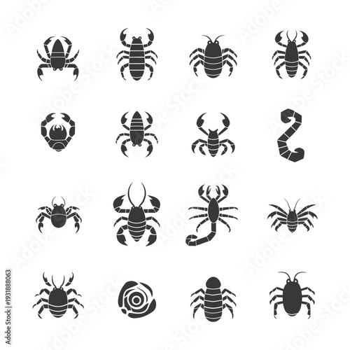 Collection of Black and White Stylized Scorpion and Crab Silhouettes