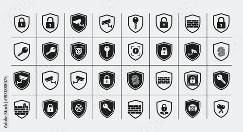 Security Icons Set: Shields with Locks, Keys, Cameras, Fingerprints, Firewalls