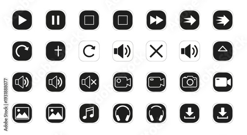 Set of Black and White Multimedia and UI Icons on White Background