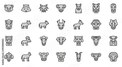 Set of Animal Icons, Vector Illustrations, Minimalist Style, Zoo Animals, Farm Animals