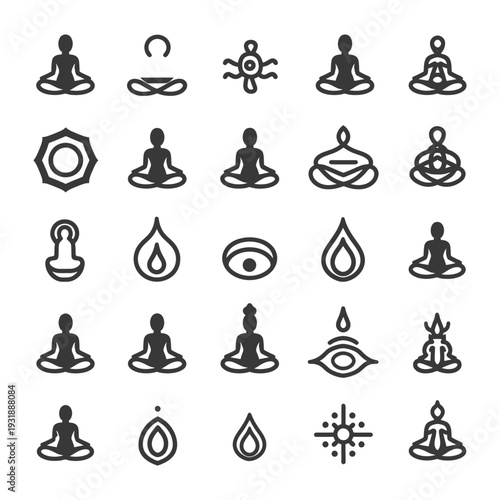 Collection of Black and White Yoga and Meditation Icons