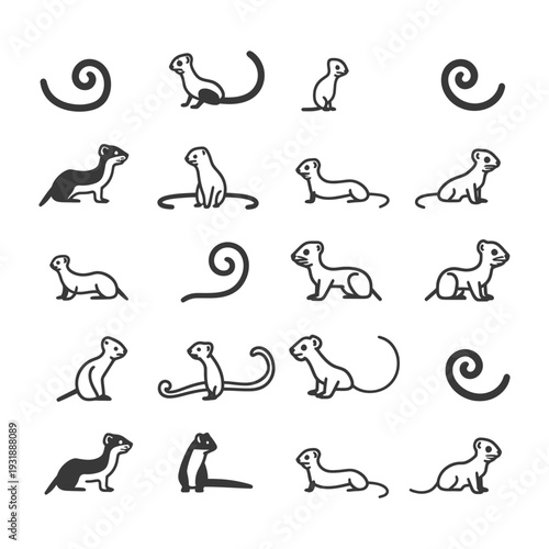 Collection of black and white weasel icons in various poses