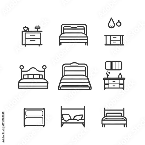 Collection of Black Outline Icons for Bedroom Furniture