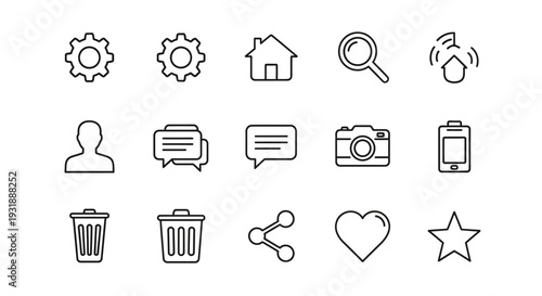 Set of user interface icons - settings, home, search, wifi, user, chat, camera, phone