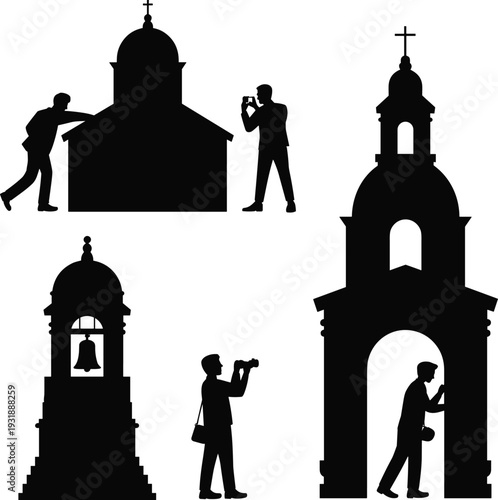 Church architecture silhouette set, Christian chapel with cross and bell tower, religious building scenes, black vector illustration isolated