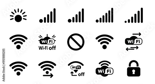 Set of WiFi and Signal Icons: Connectivity, Network, and Security Symbols