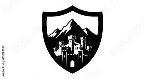 Shield Crest with Castle and Mountains Silhouette