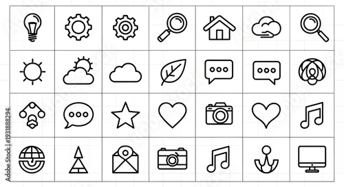 Set of Web Icons and Symbols, Outline Style, White Background