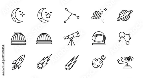 Space Travel and Astronomy Icons: Moon, Stars, Planets, Rocket, Astronaut