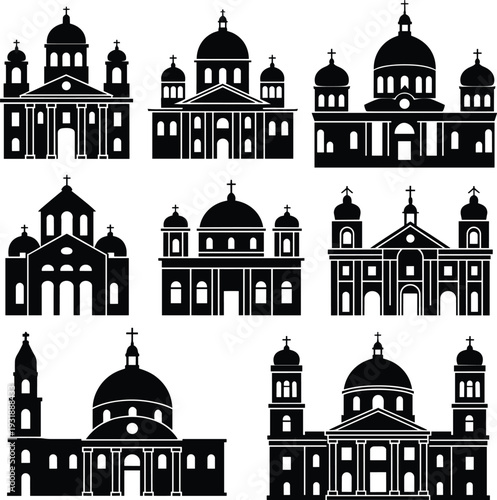 Church silhouette collection, Christian cathedral architecture set, religious buildings with domes and crosses, black vector illustration isolated