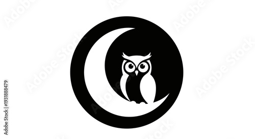 Stylized Owl Sitting on Crescent Moon Silhouette Icon