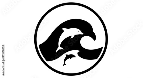 Two Dolphins Leaping Through Ocean Waves In Circle Logo