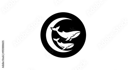 Two Whales Swimming in a Crescent Moon Symbol, Black and White Icon