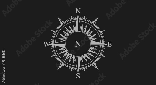 Vintage Compass Rose Navigation Tool on Black Background