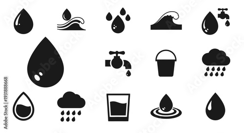 Water Icons Set: Drops, Faucet, Rain, Wave, Glass, Bucket
