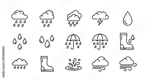 Weather Icons: Rain, Storm, Umbrella, Boots, Drops, Clouds, Wind, Splash