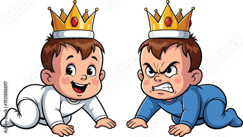 Cartoon of two crowned babies in different moods king baby