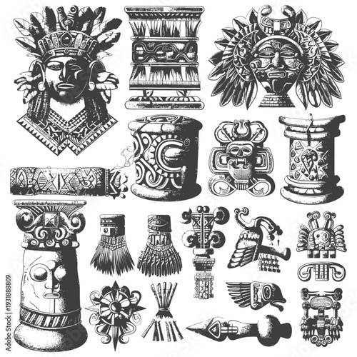 Collection of Detailed Hand-Drawn Mayan Artifacts and Symbols