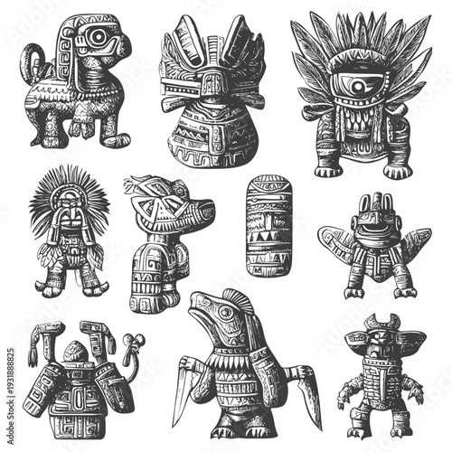 Collection of Detailed Hand-Drawn Aztec Figurines