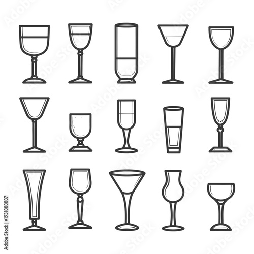 Collection of Different Wine Glasses in Outline Style
