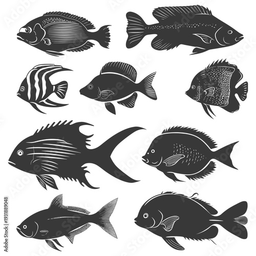 Collection of Eight Black and White Fish Silhouettes