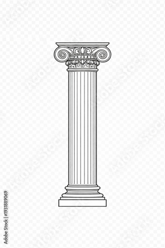 Elegant Ionic Column Vector Illustration: Classic Architectural Pillar Design, Ancient Greek & Roman Style Capital on Transparent Background for Historical Projects & Graphics
