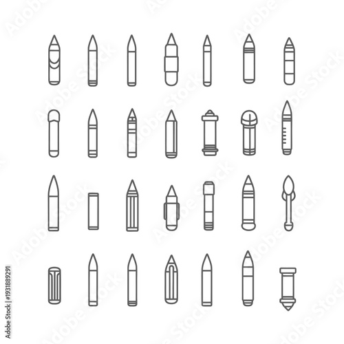 Collection of Grey Outline Crayon and Pencil Icons