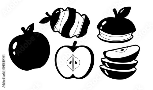 Bright Red Apple Collection Whole Peeled and Sliced Vector Illustration