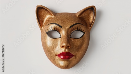 Classic theater cat mask with dramatic makeup and gold finish inspired by broadway musicals from the 20th century