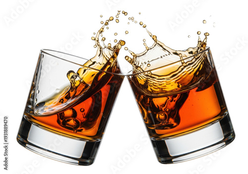 Macro close-up of two shot glasses of bourbon toasting, creating a dynamic splash frozen against a transparent background. Luxury celebration concept