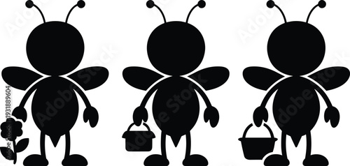 Cute bee silhouette set, cartoon insects with flower and honey bucket, beekeeping concept, black vector illustration isolated