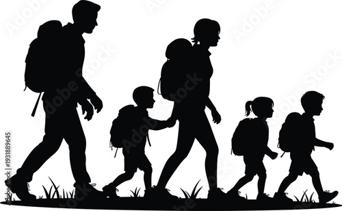 Family hiking silhouette, parents and children with backpacks, outdoor adventure walk, travel trekking concept, black vector illustration isolated